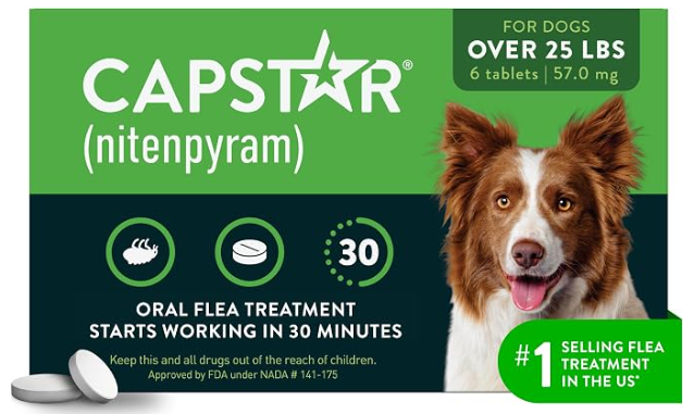 Flea and tick medicine in a green box, with a dog image