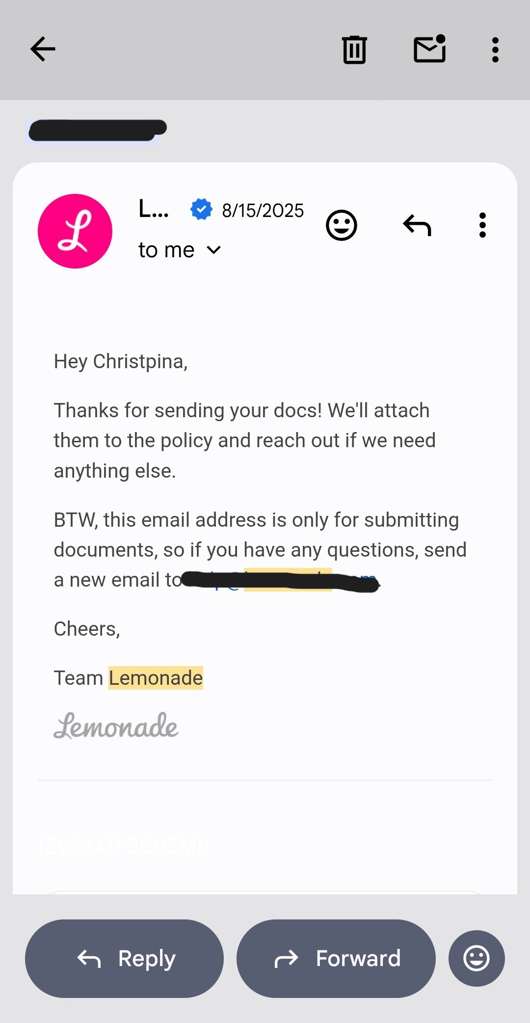 Email confirming claims submission with documents for Lemonade Pet Insurance